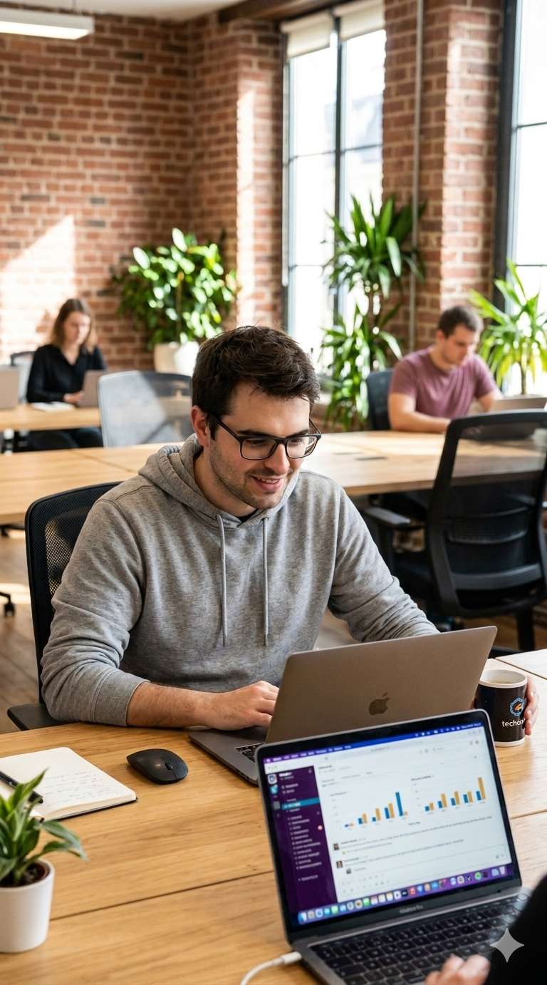 Nowoczesna przestrzeń robocza — team budujący aplikację